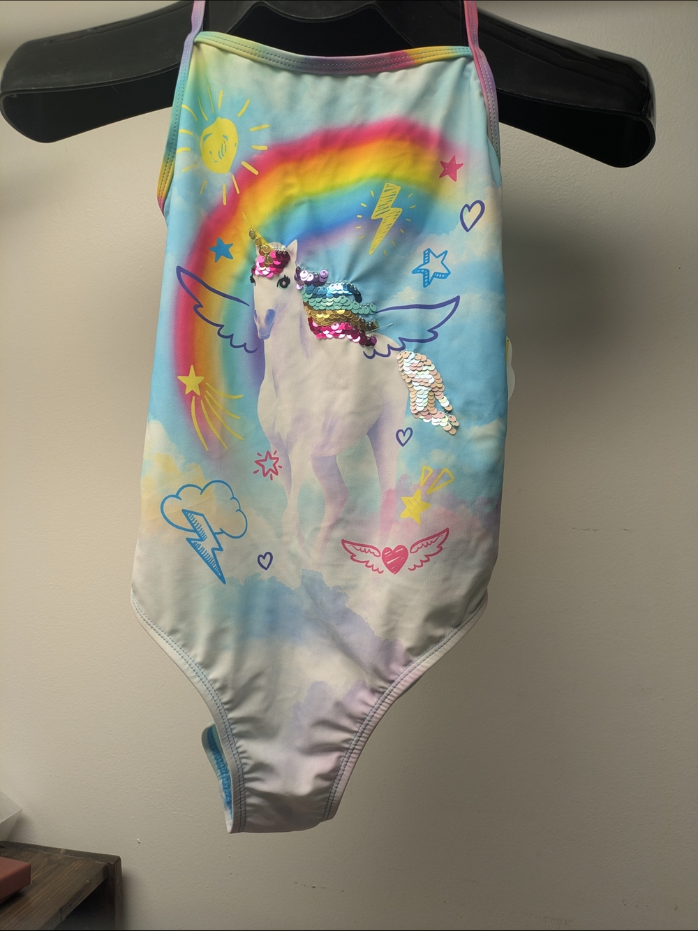 Girls LG 10/12 Rainbow Pegasus Flip Sequin One-Piece Swimsuit Wonder Nation New